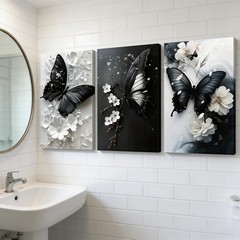 3 PCS 2D Butterfly Canvas Wall Art White Black 12x16in