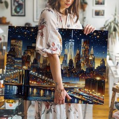 New York City Skyline Canvas Wall Art Night Cityscape Bridge Lights Print Decor