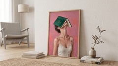 Modern Girl with Green Book Poster Romantic Pink Bedroom Wall Art Canvas Print