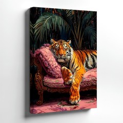 Wall Art Tiger on Pink Sofa Canvas Print Tropical Jungle Animal Decor 24×36