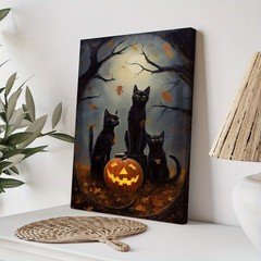 Framed Canvas Three Black Cats Full Moon Pumpkin Fall Dark Forest Vintage Art