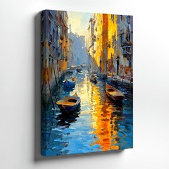 Wall Art Venice Canal Boats Oil Painting Print Sunlit Water Cityscape Decor