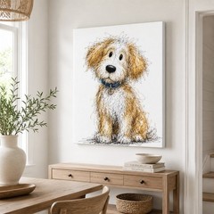 Cute Brown Puppy Canvas Wall Art Scruffy Dog Sketch Print Minimalist Pet Decor