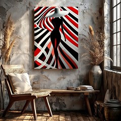 Wall Art Abstract Woman Silhouette Red Black White Striped Modern Poster Print