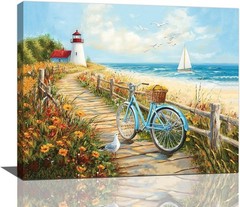 Vibrant Coastal Wall Decor: Framed Beach Bicycle and Lighthouse Canvas, 20”x16”