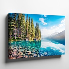 Beautiful Mountain Lake Landscape Canvas Wall Art Clear Water Pine Trees Print