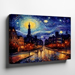 Cityscape Night Sky Canvas Wall Art Urban Street Lights Reflection Decor Print