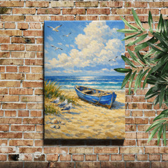 Blue Rowboat Seagulls Seascape Framed Canvas Wall Art 12x18inch