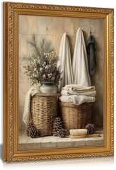 Gold Framed Farmhouse Bathroom Wall Art, Vintage Rustic Wicker Basket Pinecon…