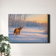 Red fox in winter forest landscape Poster Print wildlife photo style scene