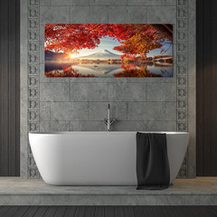 Mount Fuji Canvas Print – Sunrise Landscape with Red Maple Leaves 20×48 Inch
