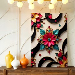 Wall Art Abstract Floral Heart Design Black Gold Pink Teal 3D Canvas Print Decor