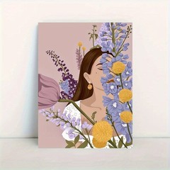 Framed Canvas Floral Covered Woman Purple Larkspur Boho Minimal Decor