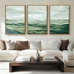 Large Abstract Watercolor Green Wall Art Set of 3 for Living Room & Office