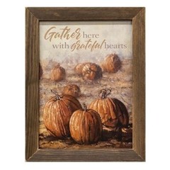 «GATHER HERE» Wood Framed Print 17.5″h x 13.5″w FALL PUMPKINS