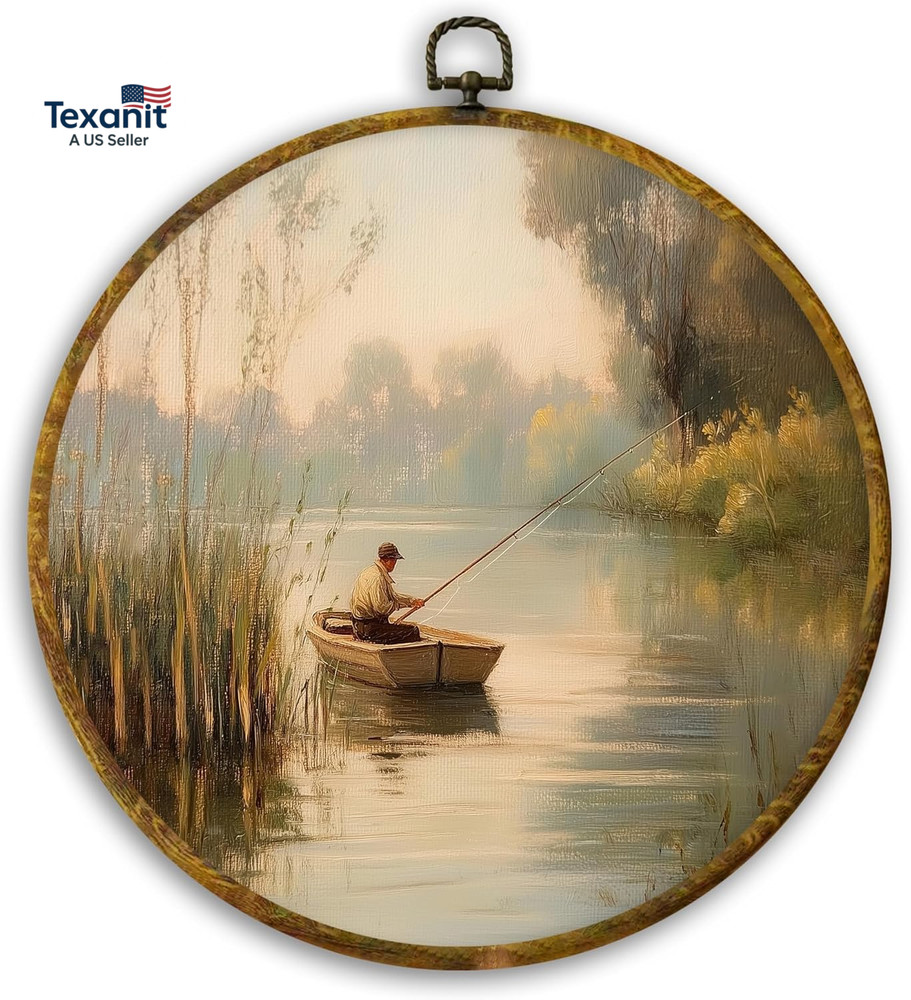 Vintage Fishing round Wall Art, Fisherman in Rowboat Sunset Landscape Framed Han