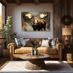 Moose Painting Print Framed Canvas Wall Art Wildlife Animals Modern Rustic Cabin