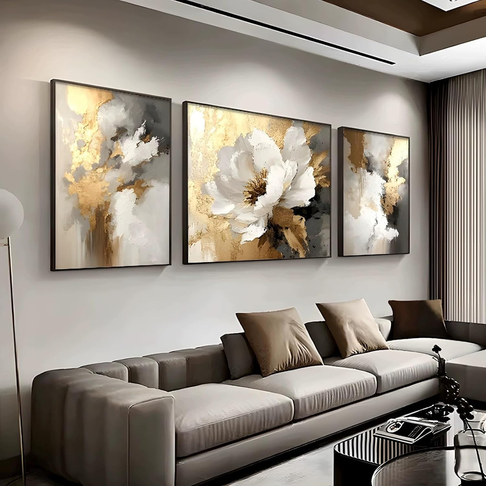 Elegant 3D Gold & White Floral Wall Art with Black Frame for Home Decor