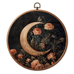 Chicimln Vintage Floral Moon Round Wall Art, Dark Cottagecore Botanical Flowe…