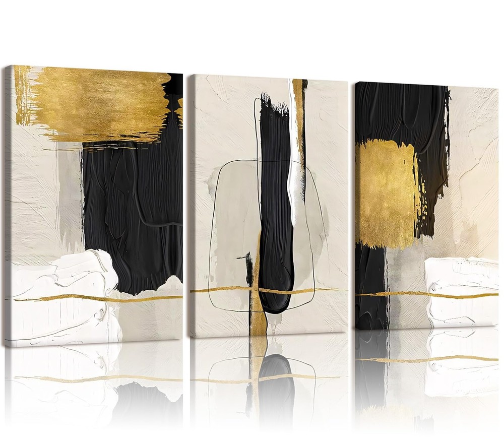 3 Pcs Black White and Gold Abstract Wall Art Modern Textured Framed Canvas Pr…
