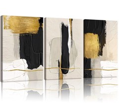 3 Pcs Black White and Gold Abstract Wall Art Modern Textured Framed Canvas Pr…