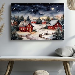 Cozy Winter Village Canvas Wall Art Snowy Red Houses Moonlight Forest Print