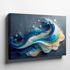 Abstract Blue and White Wave Canvas Wall Art with Gold Accents Modern Home Decor