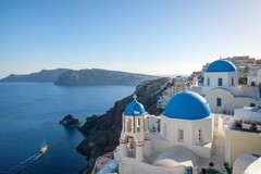 Laminated Santorini Greece Blue Sea Island Landscape 18″L x 12″W, Multicolor