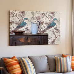 Blue and White Bird Floral Canvas Wall Art Print for Vintage Nature Home Decor