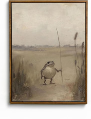 Framed Whimsical Frog Traveler Wall Art Vintage Cottagecore Painting Animal Canv