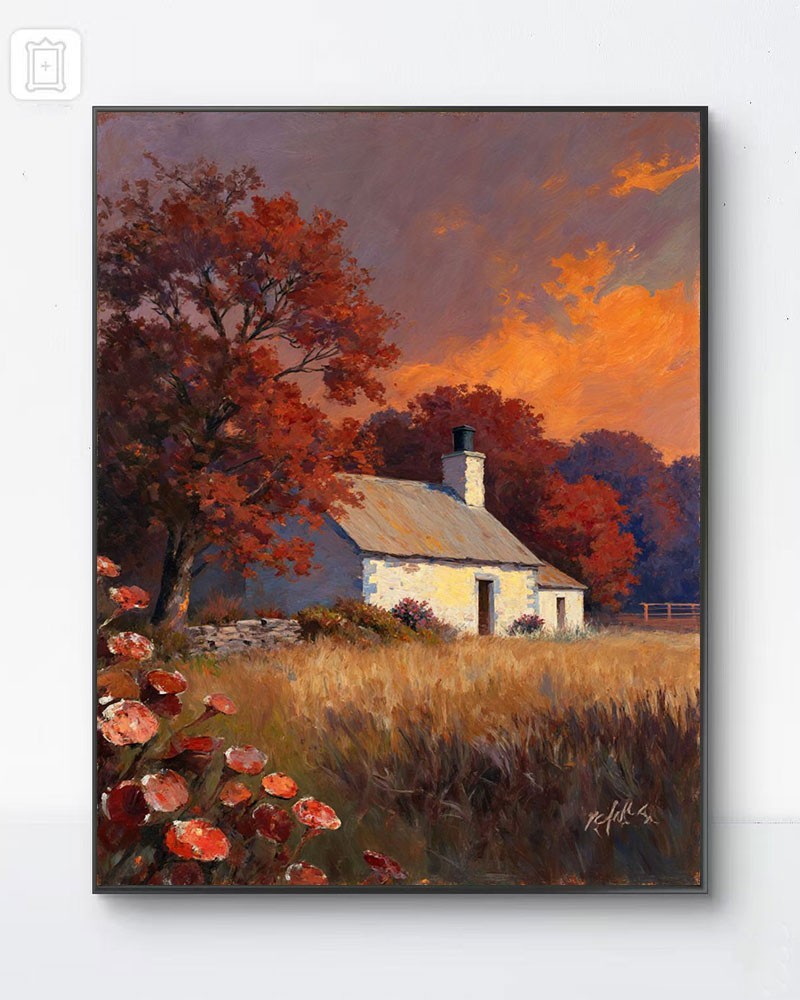 Autumn Cottage Oil Painting Canvas Print Rustic Farmhouse Forest Country Wall