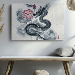 Wall Art Majestic Dragon Entwined Around A Blooming Lotus, Rendered In Fluid