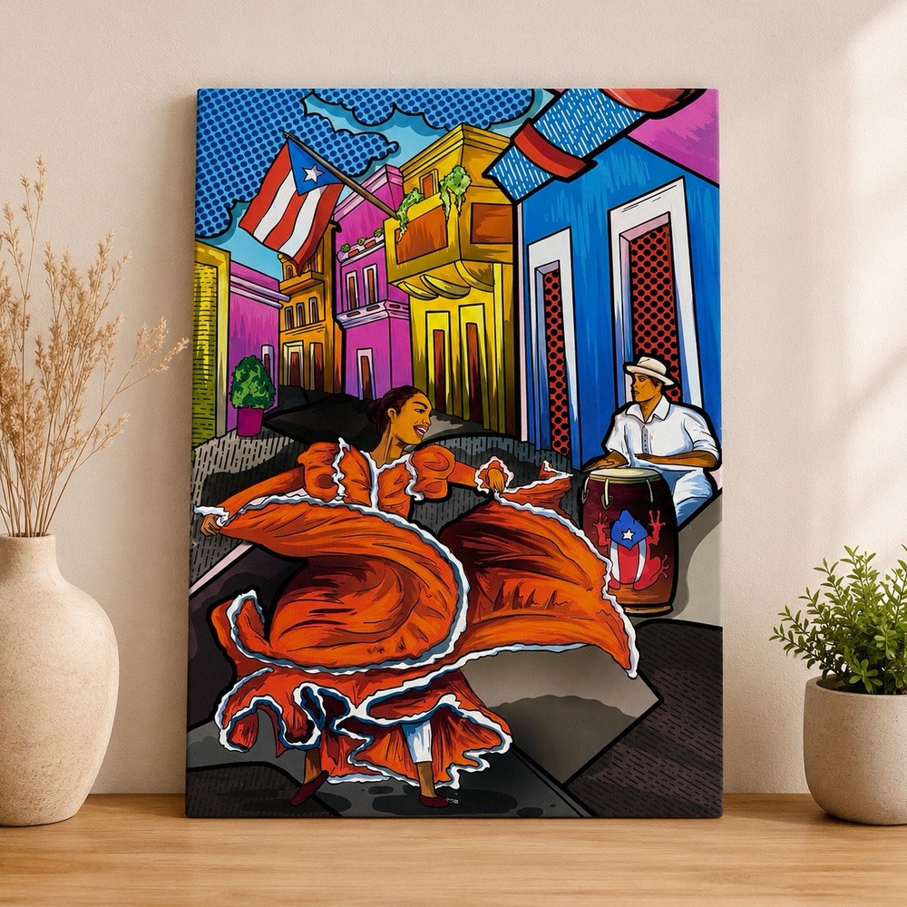 Multicolor Puerto Rican Woman Dancer Street Scene Vertical Art Print Wall Decor