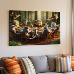 Wildlife Gathering Canvas Wall Art Forest Animals Dining Table Nature Print