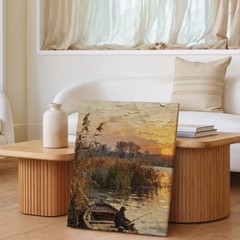 Rustic Fishing Boat Sunset Canvas Wall Art River Landscape Scene Print Art Print