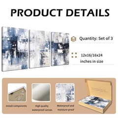 Abstract Blue White Framed Canvas Wall Art Set of 3 Navy Gray Modern 12×16″