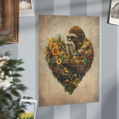 Vintage BIGFOOT HEART Wall Art, SASQUATCH Botanical Decor, Cryptid Flower Poster