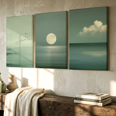 3 Pieces Serene Ocean View Moon Large Wall Art Set for Living Room Set Of 3