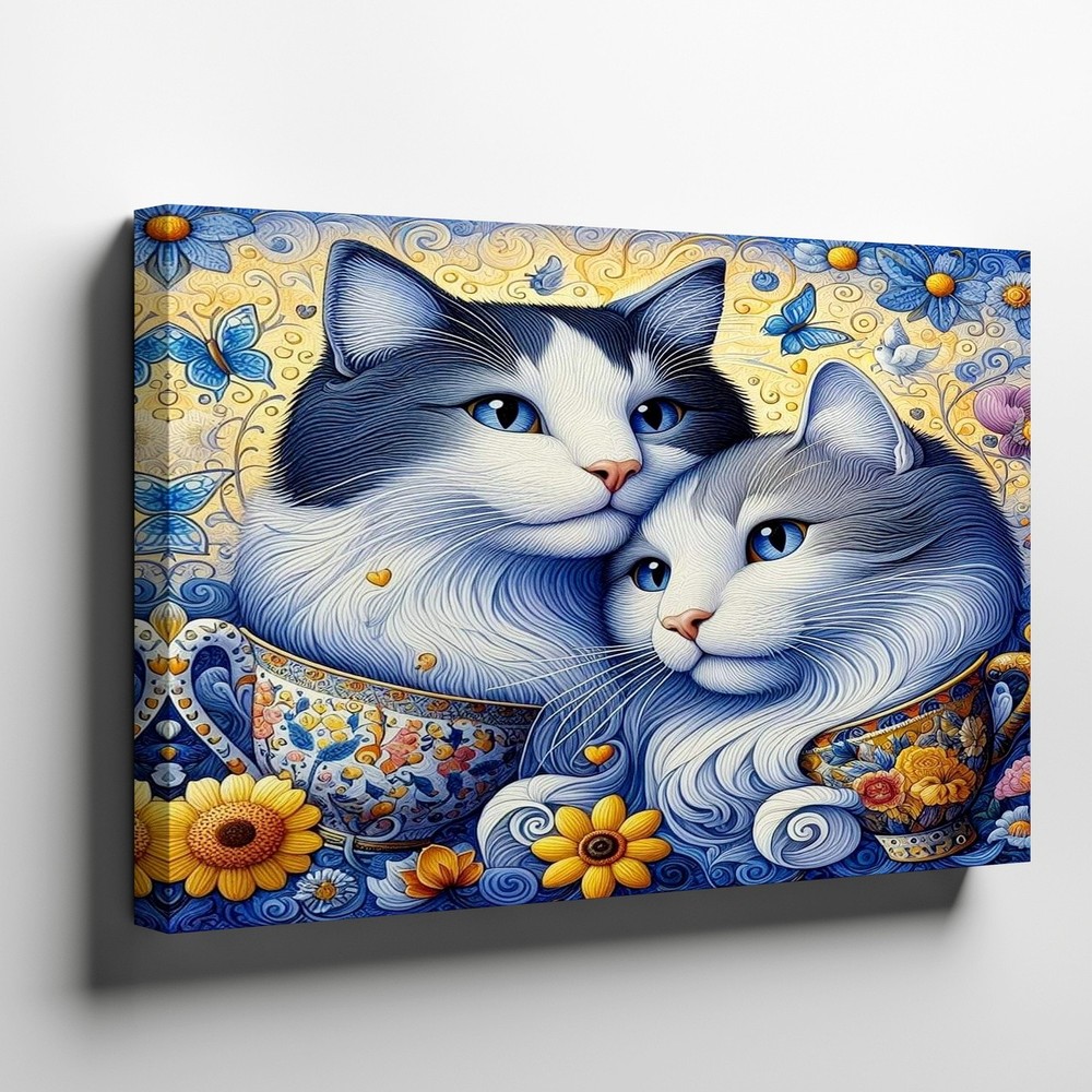 Blue and White Cats in Colorful Teacups with Flowers and Butterfly Canvas Art