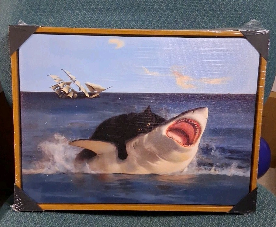 Framed Black Cat Bathroom Wall Art, Funny Quirky Cat and Shark Pictures Canvas