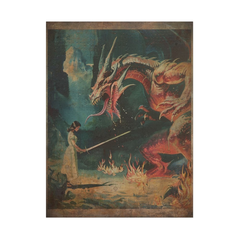 Retro DRAGON SLAYER Wall Art, Fantasy Sword Warrior Dinosaur Girl Poster Print