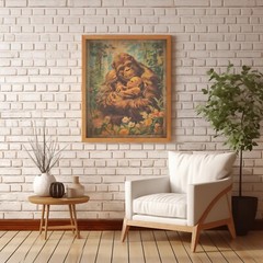Vintage SASQUATCH FAMILY Wall Art, BIGFOOT Flower Poster, Cryptid Botanical Yeti