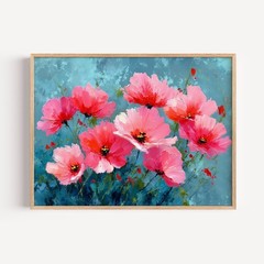 Bold Pink Floral Painting on Dark Teal Canvas, Dramatic Wildflower Botanical Art