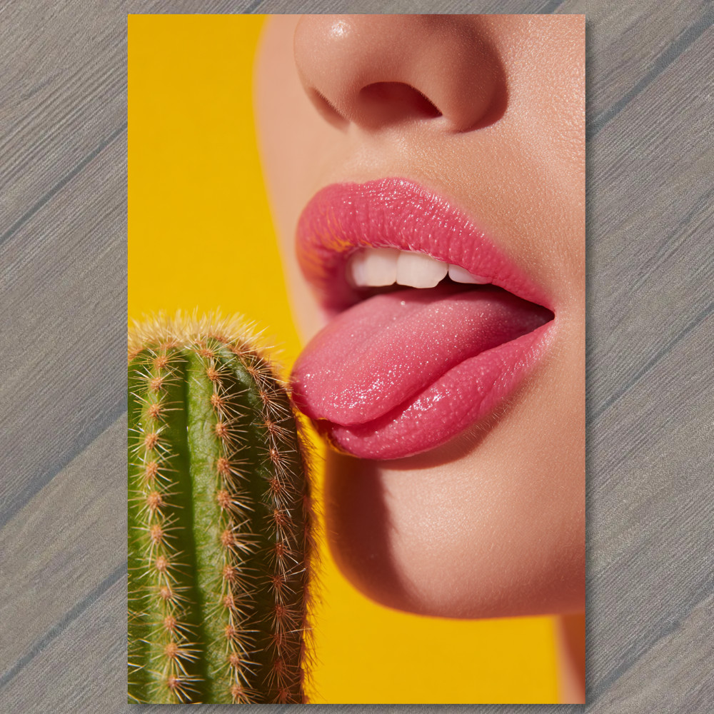 Art Print Surreal Lips Tongue Touching Cactus Bold Colorful Funny Pop Art Card