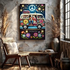 Wall Art Hippie Van Floral Peace Sign Couple Canvas Print Boho Retro Home Decor