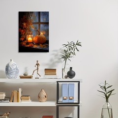 Framed Canvas Window Pumpkin Maple Leaf Candle Fall Autumn Wall Decor