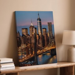 New York City Skyline Canvas Wall Art With Brooklyn Bridge Evening Lights Print