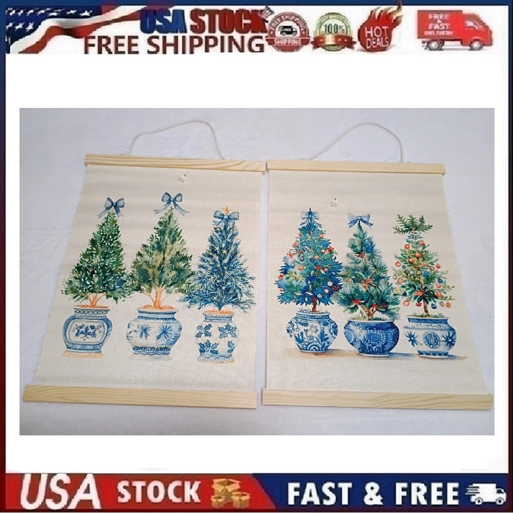 2pc Chinoiserie Christmas Tree Wall Art, 12×15.5 Inches, Built in Hanging Poster