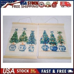 2pc Chinoiserie Christmas Tree Wall Art, 12×15.5 Inches, Built in Hanging Poster