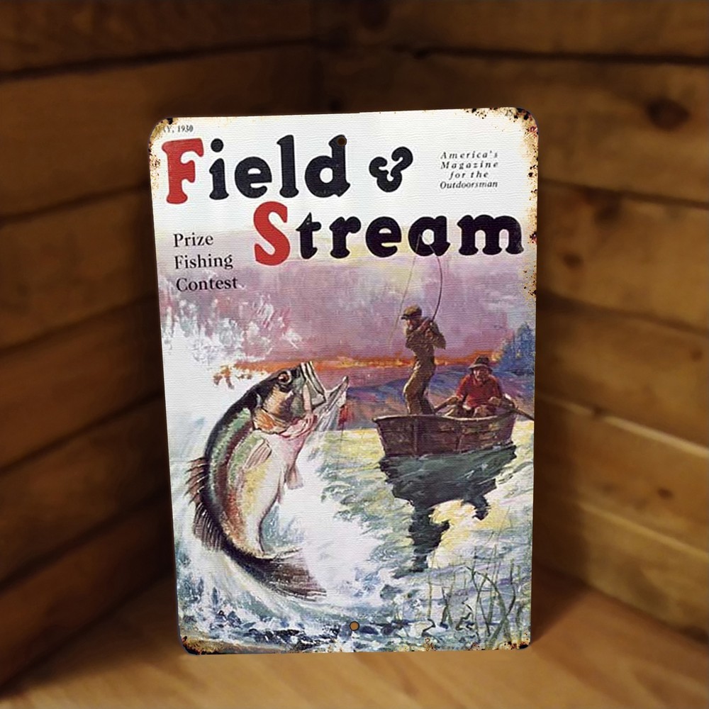 1930 Field & Stream Bass Fishing Antique Look Metal Poster Sign NEW